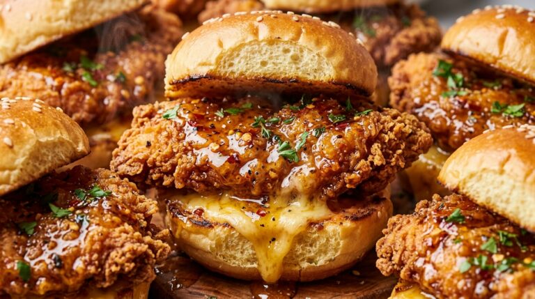 Ultra close-up macro of crispy hot honey chicken sliders with spicy golden honey butter glaze on toasted brioche buns for a Friendsgiving grazing table