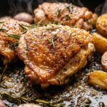 Ultra close-up macro food photography of golden crispy seared chicken thighs sizzling alongside tender garlic herb baby potatoes in a heavy cast iron skillet