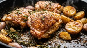Ultra close-up macro food photography of golden crispy seared chicken thighs sizzling alongside tender garlic herb baby potatoes in a heavy cast iron skillet