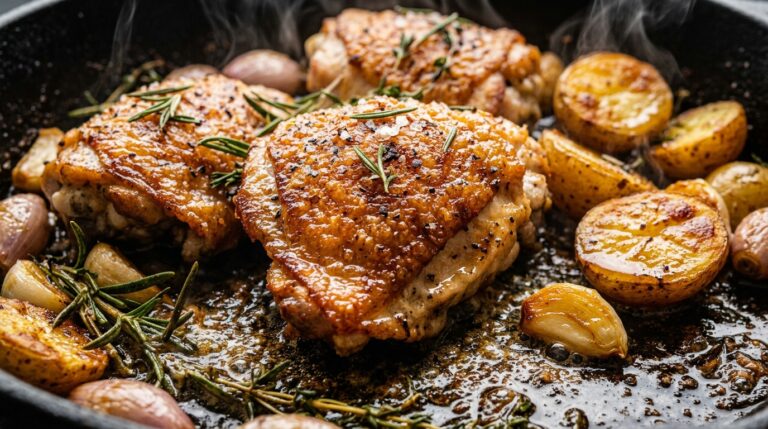 Ultra close-up macro food photography of golden crispy seared chicken thighs sizzling alongside tender garlic herb baby potatoes in a heavy cast iron skillet