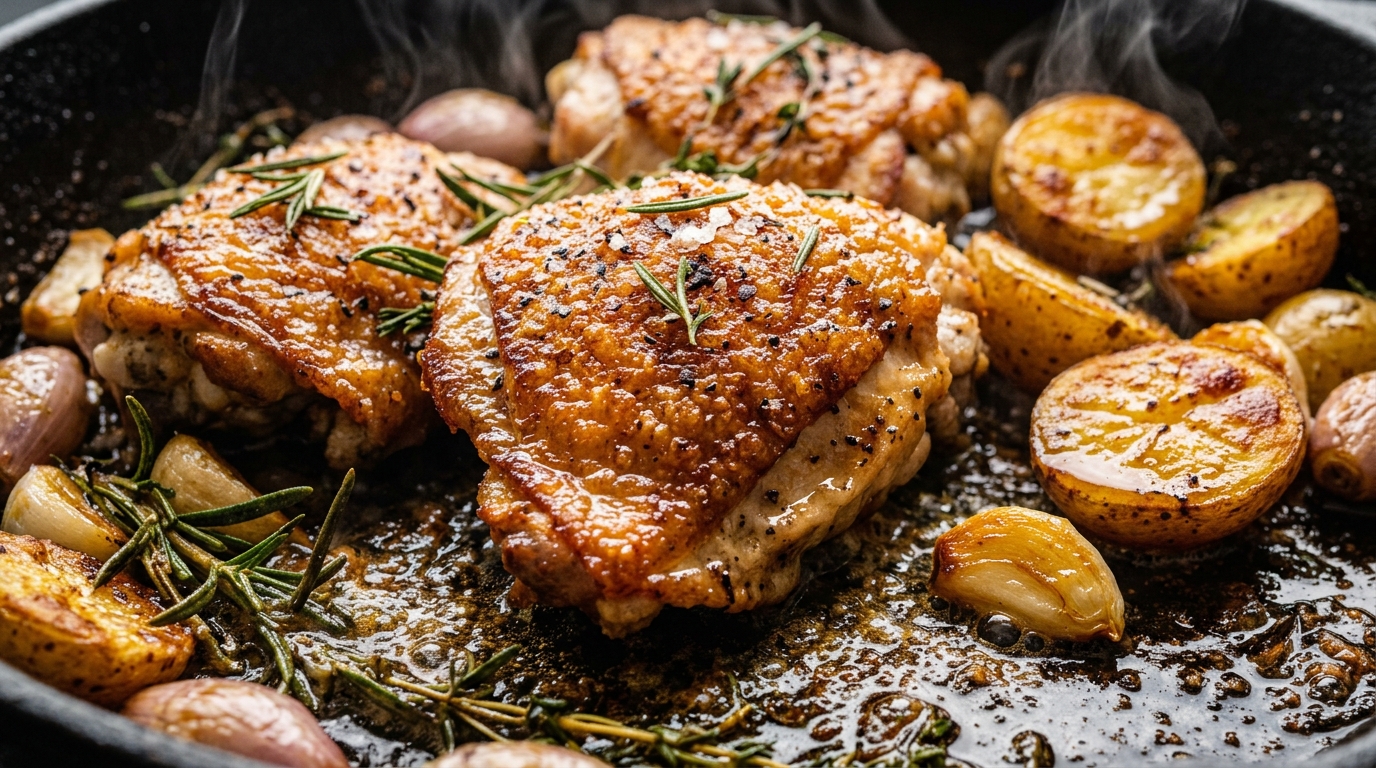 Ultra close-up macro food photography of golden crispy seared chicken thighs sizzling alongside tender garlic herb baby potatoes in a heavy cast iron skillet
