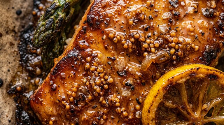 Ultra close-up macro food photography of caramelized honey mustard glazed salmon fillets roasted alongside crisp-tender green asparagus spears on a sheet pan