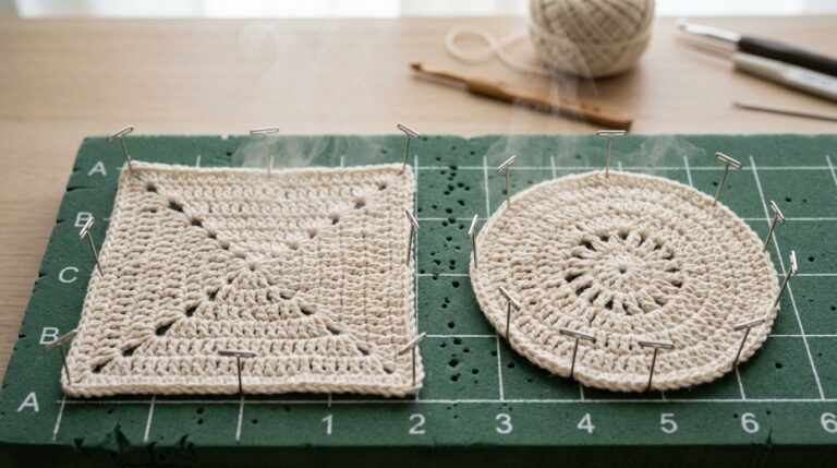 Ultra close-up macro of handmade natural ecru crochet coasters pinned onto a grid blocking board with steam gently rising