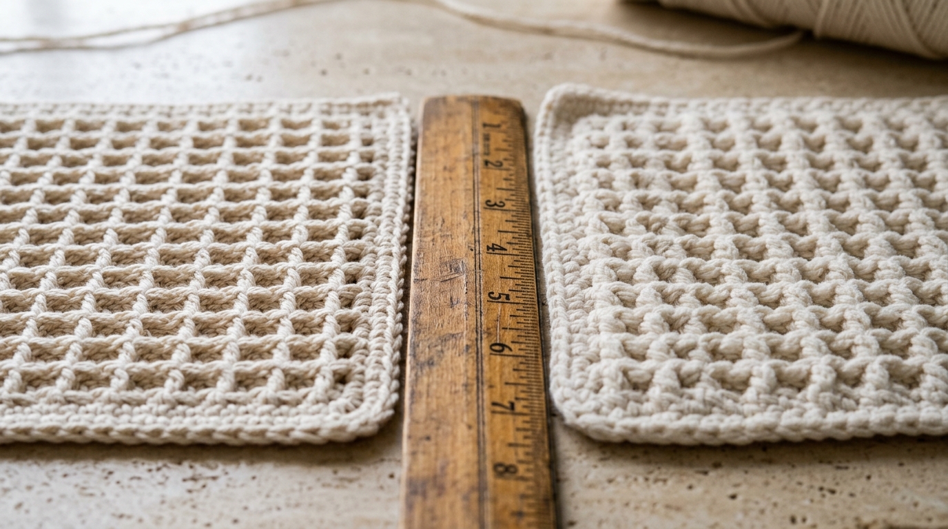 Close-up macro comparison of handmade textured cotton crochet dishcloth after 1 wash versus after 15 wash cycles on travertine workbench