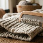 Ultra close-up macro eye-level shot of a fine wooden cashmere comb gently gliding over the ribbed cuff of an oatmeal wool sweater