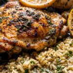 Ultra close-up macro of golden seared lemon herb chicken and rice in a skillet