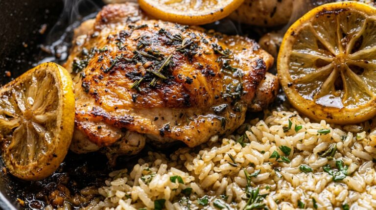 Ultra close-up macro of golden seared lemon herb chicken and rice in a skillet