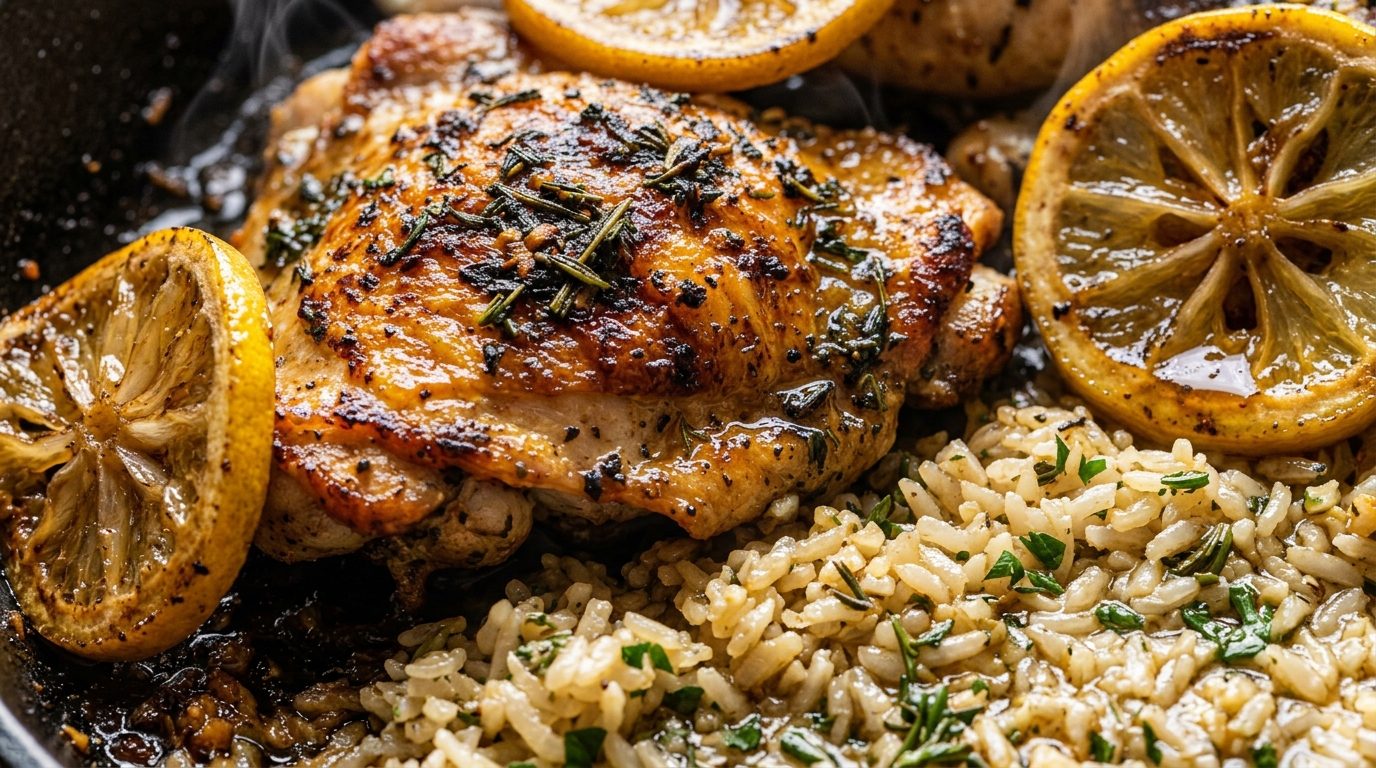 Ultra close-up macro of golden seared lemon herb chicken and rice in a skillet