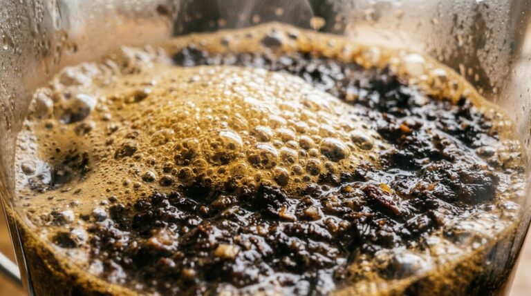 Ultra close-up macro of fresh coarse coffee grounds blooming with hot water and golden crema inside a glass French press