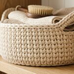 Sturdy round chunky cream cotton rope crochet storage basket with handles on wooden shelf