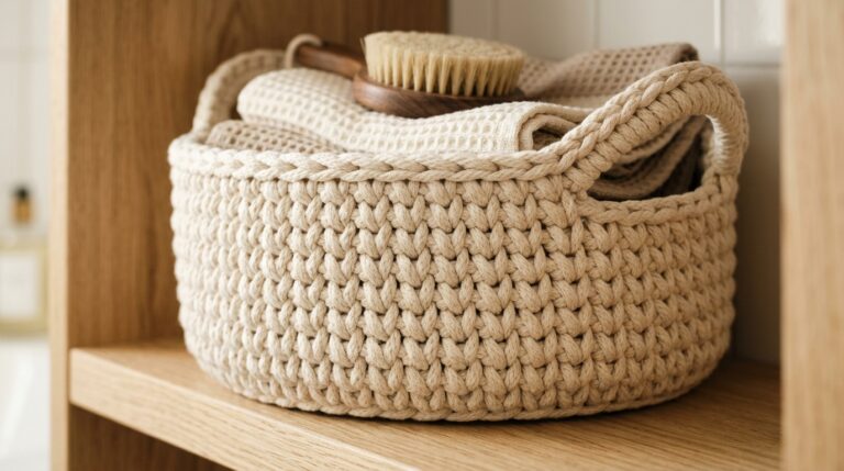 Sturdy round chunky cream cotton rope crochet storage basket with handles on wooden shelf