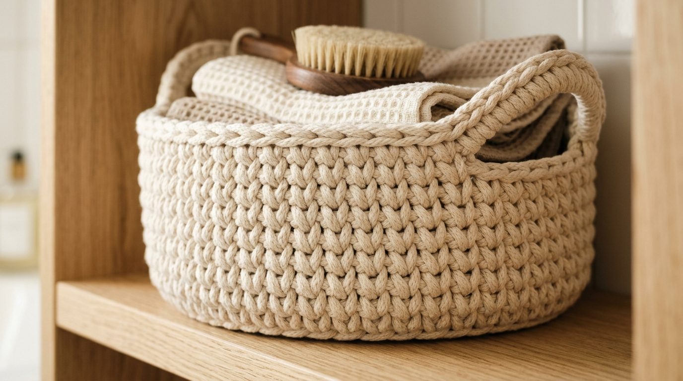 Sturdy round chunky cream cotton rope crochet storage basket with handles on wooden shelf