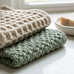 Ultra close-up of textured crochet dishcloths folded on white quartz beside ceramic soap dish