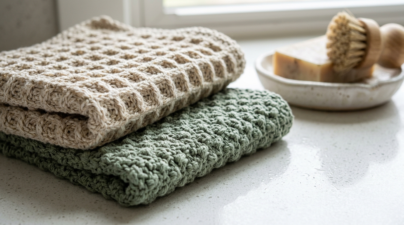 Close-up of textured crochet dishcloths folded on white quartz beside ceramic soap dish