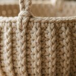 Ultra close-up macro of thick natural ecru crochet hanging basket showing dense single crochet texture
