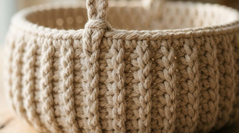 Ultra close-up macro of thick natural ecru crochet hanging basket showing dense single crochet texture