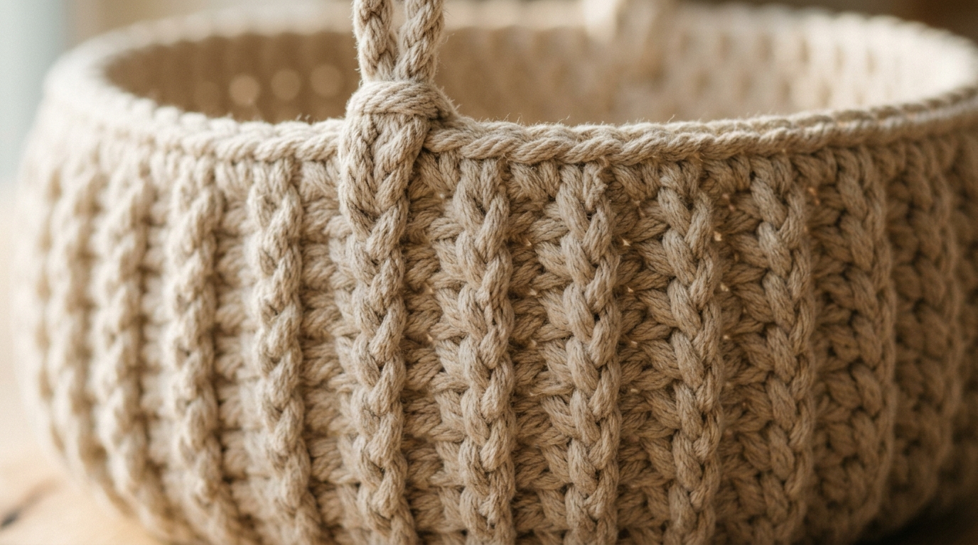 Ultra close-up macro of thick natural ecru crochet hanging basket showing dense single crochet texture