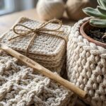 Ultra close-up macro of handmade modern home crochet textiles in natural ecru and cream cotton with birch crochet hook