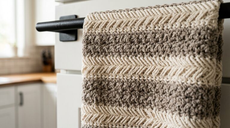 Ultra close-up macro of textured crochet kitchen towel in cream and taupe cotton hanging from oven handle
