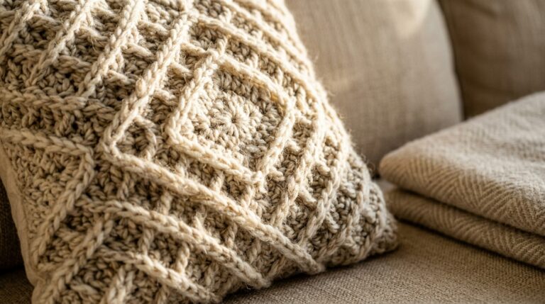 Modern textured cream and oatmeal crochet throw pillow with alpine waffle stitch on beige linen sofa