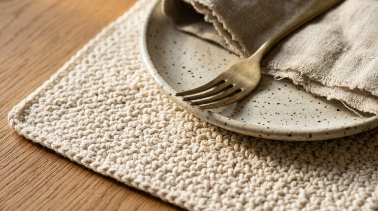 Modern rectangular cream cotton crochet placemat with dinner plate and brass cutlery on oak table