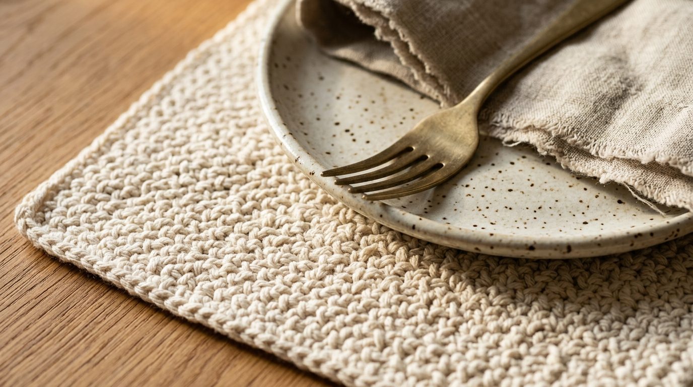 Modern rectangular cream cotton crochet placemat with dinner plate and brass cutlery on oak table