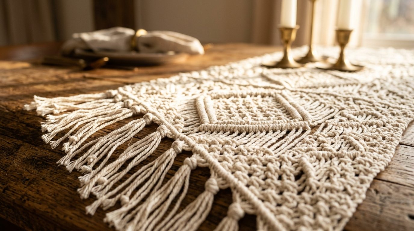 Modern boho cream cotton crochet table runner with knotted fringe on rustic oak dining table