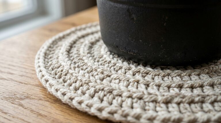 Ultra close-up macro of thick circular crochet hot pad trivet under cast iron Dutch oven