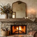 Modern rustic fall fireplace mantel styled with arched mirror, tall eucalyptus vase, and brass candles