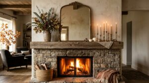 Modern rustic fall fireplace mantel styled with arched mirror, tall eucalyptus vase, and brass candles