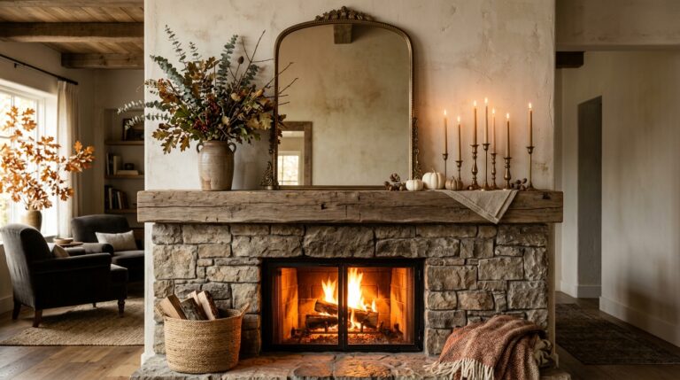 Modern rustic fall fireplace mantel styled with arched mirror, tall eucalyptus vase, and brass candles