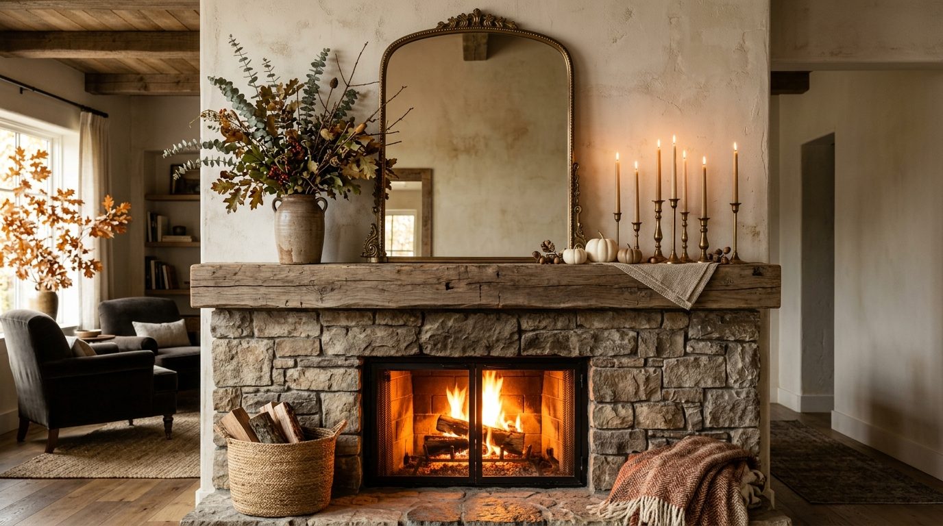 Modern rustic fall fireplace mantel styled with arched mirror, tall eucalyptus vase, and brass candles