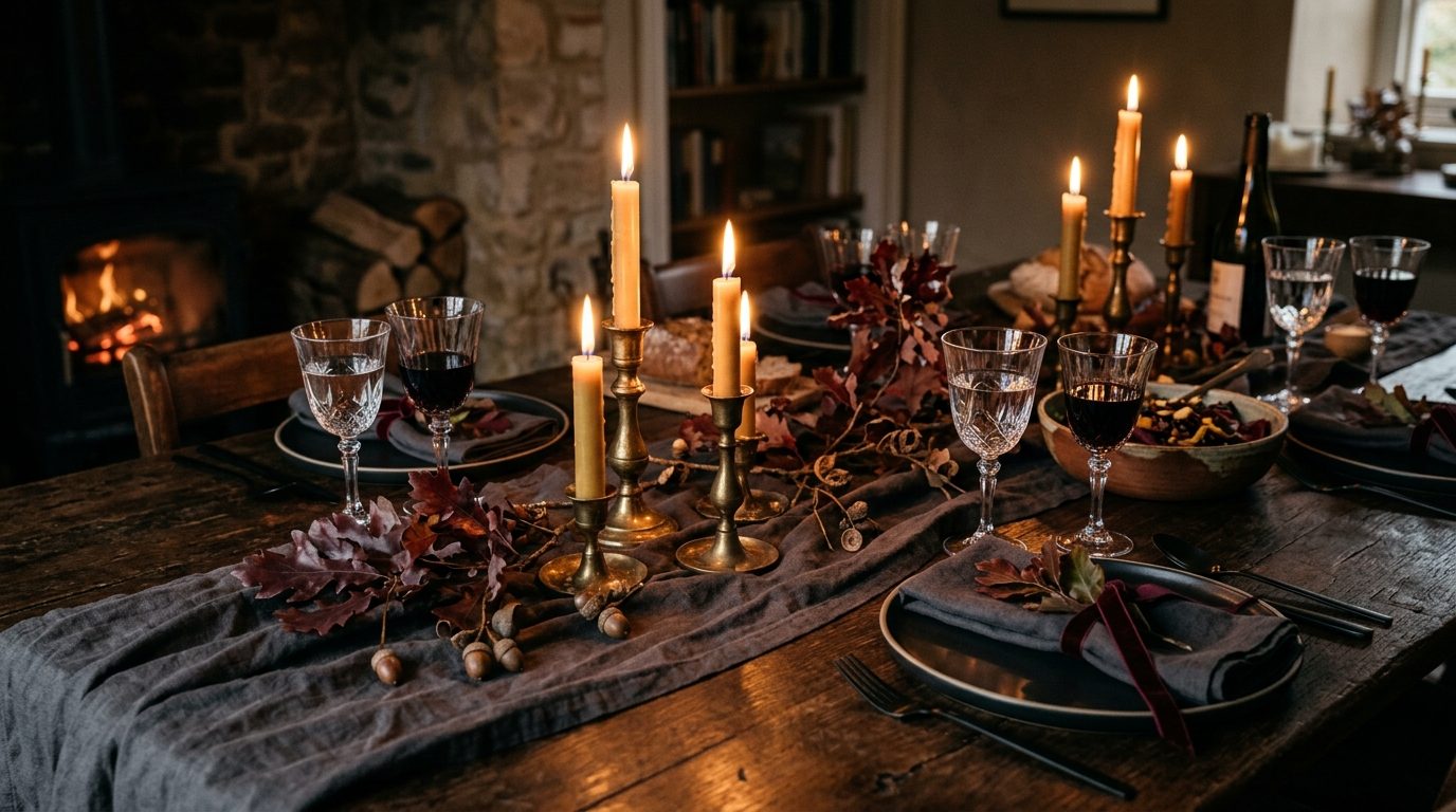 Moody candlelit fall dinner table setting on rustic wood with glowing brass tapers and dark ceramics