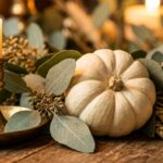 Ultra close-up macro of an heirloom white pumpkin nestled among silver eucalyptus leaves and a glowing solid brass hurricane candle holder