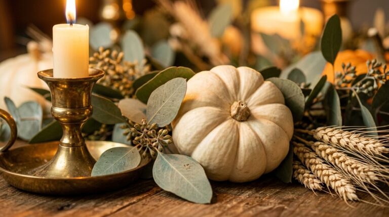 Ultra close-up macro of an heirloom white pumpkin nestled among silver eucalyptus leaves and a glowing solid brass hurricane candle holder