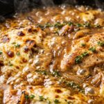 Ultra close-up macro of a bubbling creamy French onion chicken skillet with caramelized onions, melted Gruyere cheese, and fresh thyme on a dinner party table
