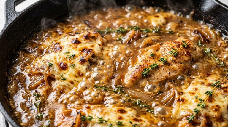 Ultra close-up macro of a bubbling creamy French onion chicken skillet with caramelized onions, melted Gruyere cheese, and fresh thyme on a dinner party table
