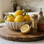 Ultra close-up macro styling shot of aged wood cutting board, ceramic bowl with lemons, and brass salt mill on quartz island