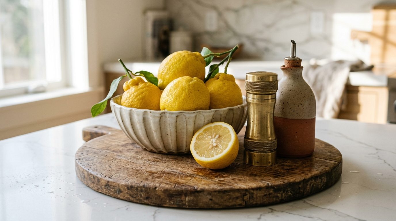 Ultra close-up macro styling shot of aged wood cutting board, ceramic bowl with lemons, and brass salt mill on quartz island