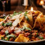 Ultra close-up macro of steaming wide ribbon pappardelle tossed in rich savory tomato sauce with shaved parmesan cheese and fresh basil
