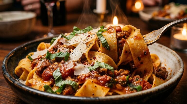 Ultra close-up macro of steaming wide ribbon pappardelle tossed in rich savory tomato sauce with shaved parmesan cheese and fresh basil