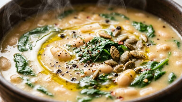 Ultra close-up macro of steaming creamy white bean and spinach soup with extra virgin olive oil and toasted pumpkin seeds