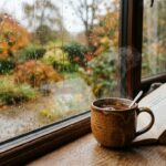 Ultra close-up macro eye-level shot of raindrops streaking across a window pane with a steaming ceramic mug of spiced tea and an open book on a wooden sill