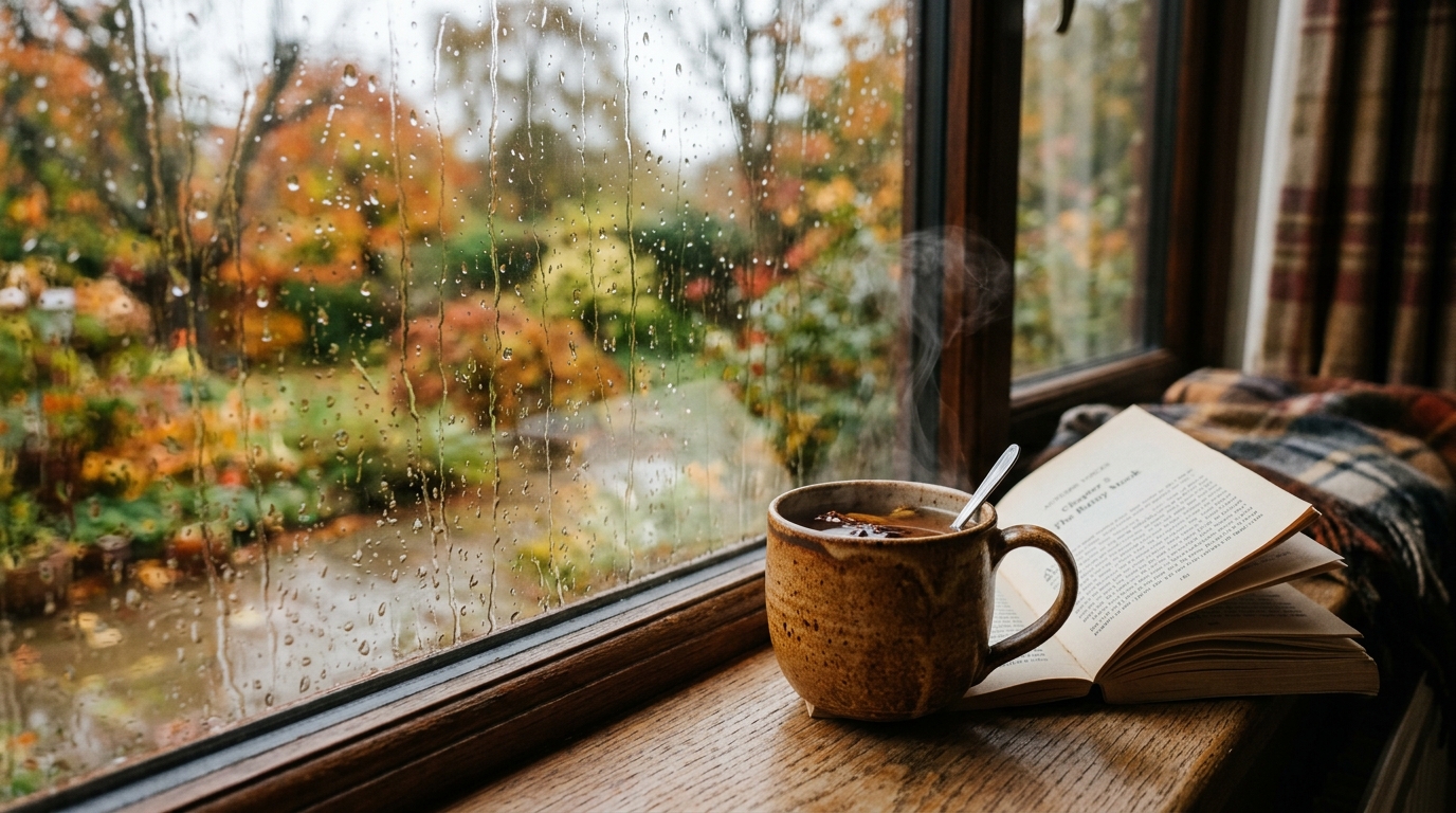 Ultra close-up macro eye-level shot of raindrops streaking across a window pane with a steaming ceramic mug of spiced tea and an open book on a wooden sill