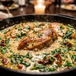 Ultra close-up macro of golden pan-seared chicken breasts simmering in rich creamy garlic sauce with spinach in cast-iron skillet