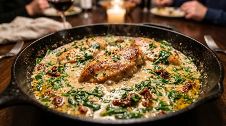 Ultra close-up macro of golden pan-seared chicken breasts simmering in rich creamy garlic sauce with spinach in cast-iron skillet