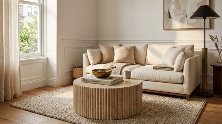 Architectural perspective of small chic living room with cream linen sofa and fluted travertine coffee table