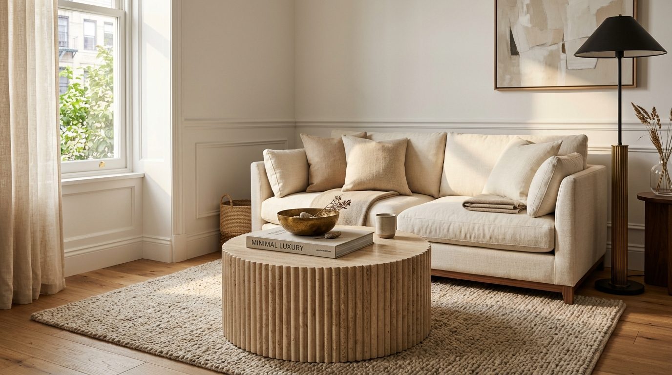 Architectural perspective of small chic living room with cream linen sofa and fluted travertine coffee table