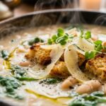 Ultra close-up macro of a warm bowl of creamy white bean soup topped with garlic sourdough croutons, shaved parmesan, and microgreens at a soup toppings bar