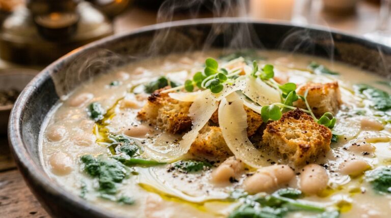 Ultra close-up macro of a warm bowl of creamy white bean soup topped with garlic sourdough croutons, shaved parmesan, and microgreens at a soup toppings bar